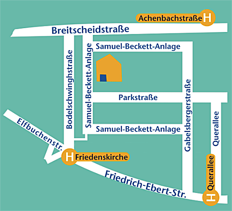 Die Skizze zeigt die Lage des fab e.V. in der Samuel-Beckett-Anlage 6 zwischen den Haltestellen Friedenskirche und Achenbachstraße.