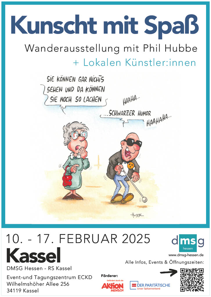 Plakat Kunscht mit Spaß mit Cartoon - Frau zu blindem Mann: Sie können gar nichts sehen und da können Sie noch lachen - Antwort: Haha, schwarzer Humor, Hahaha